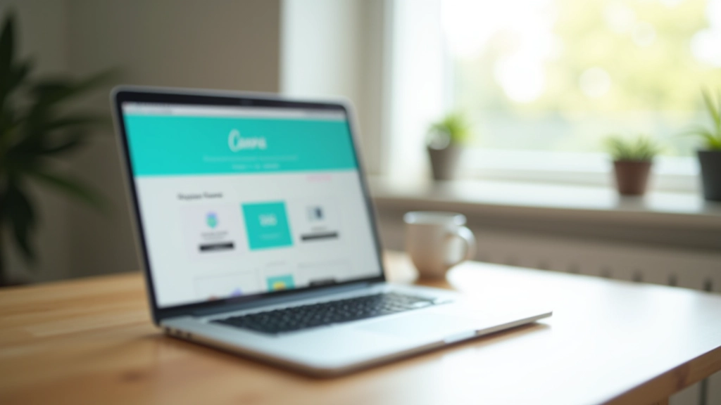 Laptop na stolu s otvorenom Canva aplikacijom, dizajnerske šablone na zaslonu, minimalističan radni prostor