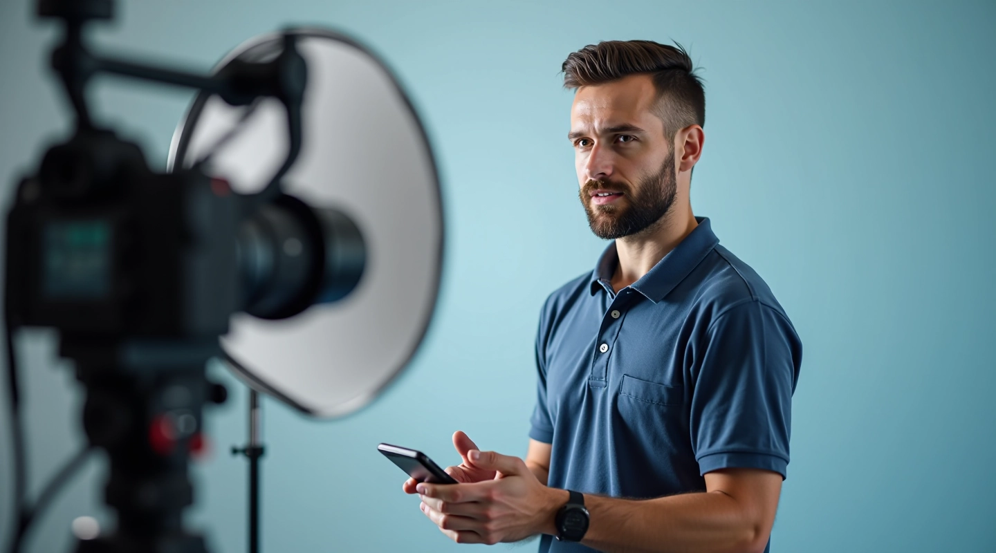 Instruktor koji snima lekciju sa profesionalnom kamerom, studio sa osvjetljenjem i microfonom