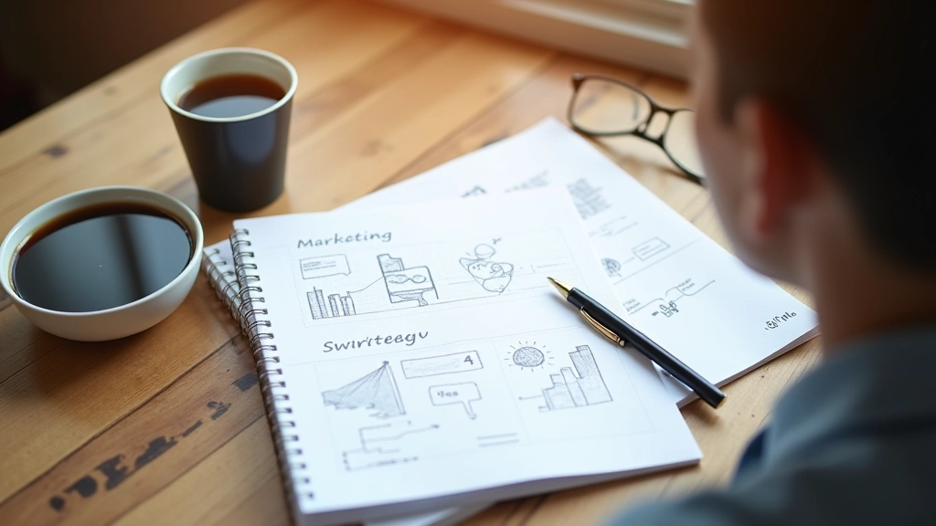 Notebook s beleškama o strategiji marketinga, olovka i kava na stolu, radna površina