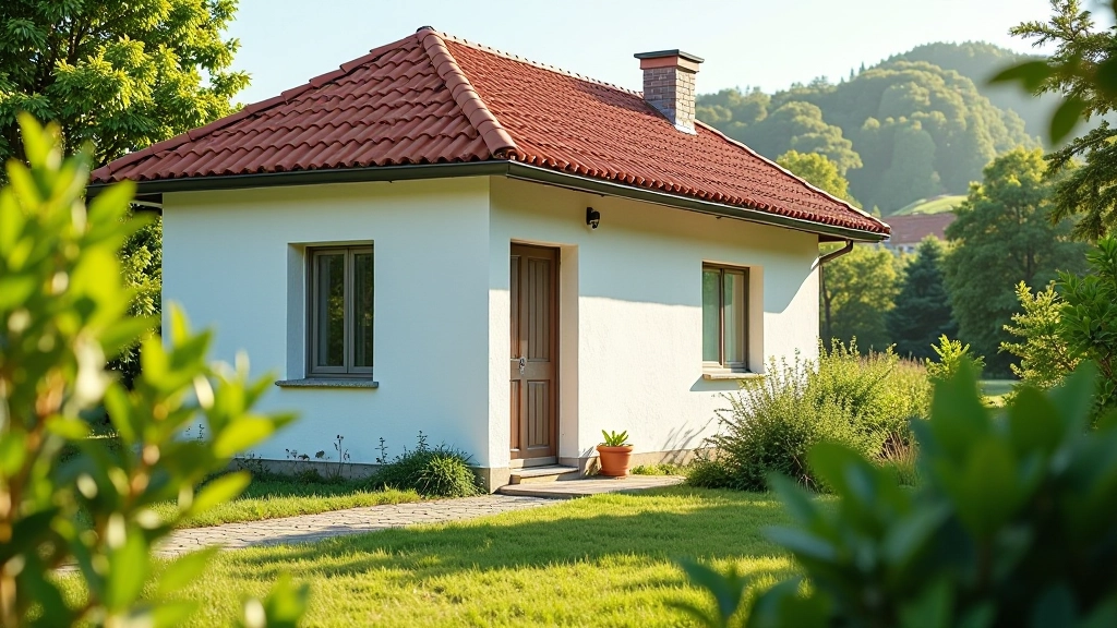 Vanjski pogled na malu seosku kuću s vrtom, toplo osvjetljenje sunca